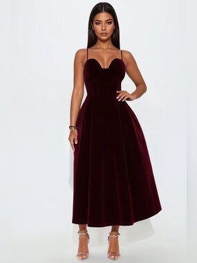 Fashion Nova Wine Velvet Midi Dress